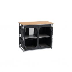 Outwell Padres XL Camping kitchen bench with sturdy wooden board and two cabinets.